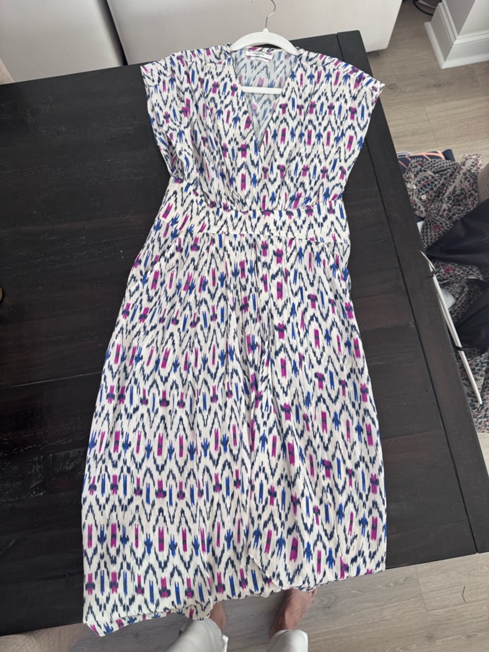 White Maxi Dress with Blue & Pink Ikat Print